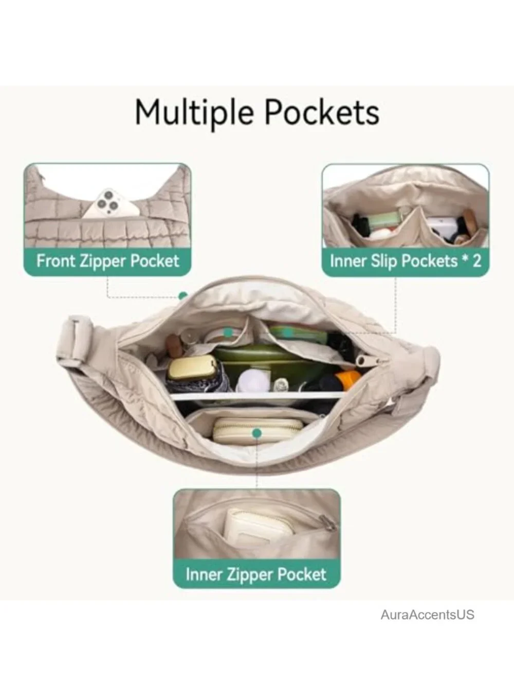 Quilted Nylon Puffer Crossbody Hobo Bag with Adjustable Strap